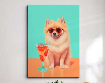 Vibrant Pomeranian Drinking Glasses Painting Framed Poster Print & Framed Canvas Wall Decor Art Bedroom Home Interior Gift For Dog Lover