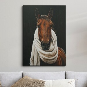 Horse Wearing Beige Scarf Framed Poster Print & Framed Canvas Wall Decor Art Oil Painting Bedroom Home Living Room Funny Animal Lover Gift
