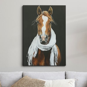 Horse Wearing Beige Scarf Framed Poster Print & Framed Canvas Wall Decor Art Oil Painting Bedroom Home Living Room Funny Animal Lover Gift