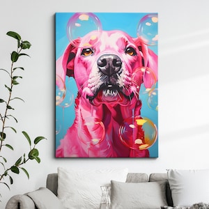 Fun Colorful Pink Labrador Bubbles Painting Framed Poster Print & Framed Canvas Wall Decor Art Bedroom Home Interior Funny Dog Lover Gift