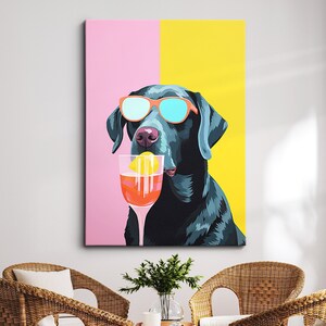 Vibrant Labrador Drinking With Glasses Painting Framed Poster Print & Framed Canvas Wall Decor Art Bedroom Home Interior Gift For Dog Lover