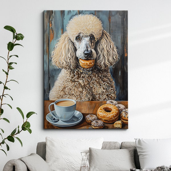 Poodle Coffee Doughnut Cafe Dog Painting Framed Poster Print Or Framed Canvas Wall Decor Art Bedroom Home Interior Gift For Pet Lover