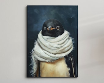 Penguin Wearing Beige Scarf Framed Poster Print & Framed Canvas Wall Decor Art Oil Painting Bedroom Home Living Room Funny Animal Lover Gift