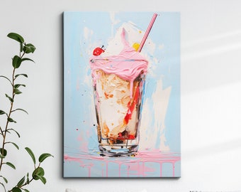 Vibrant Milkshake Glass Beverage Drink Ice Cream Painting Framed Poster Print & Framed Canvas Wall Decor Art Bedroom Home Interior Gift