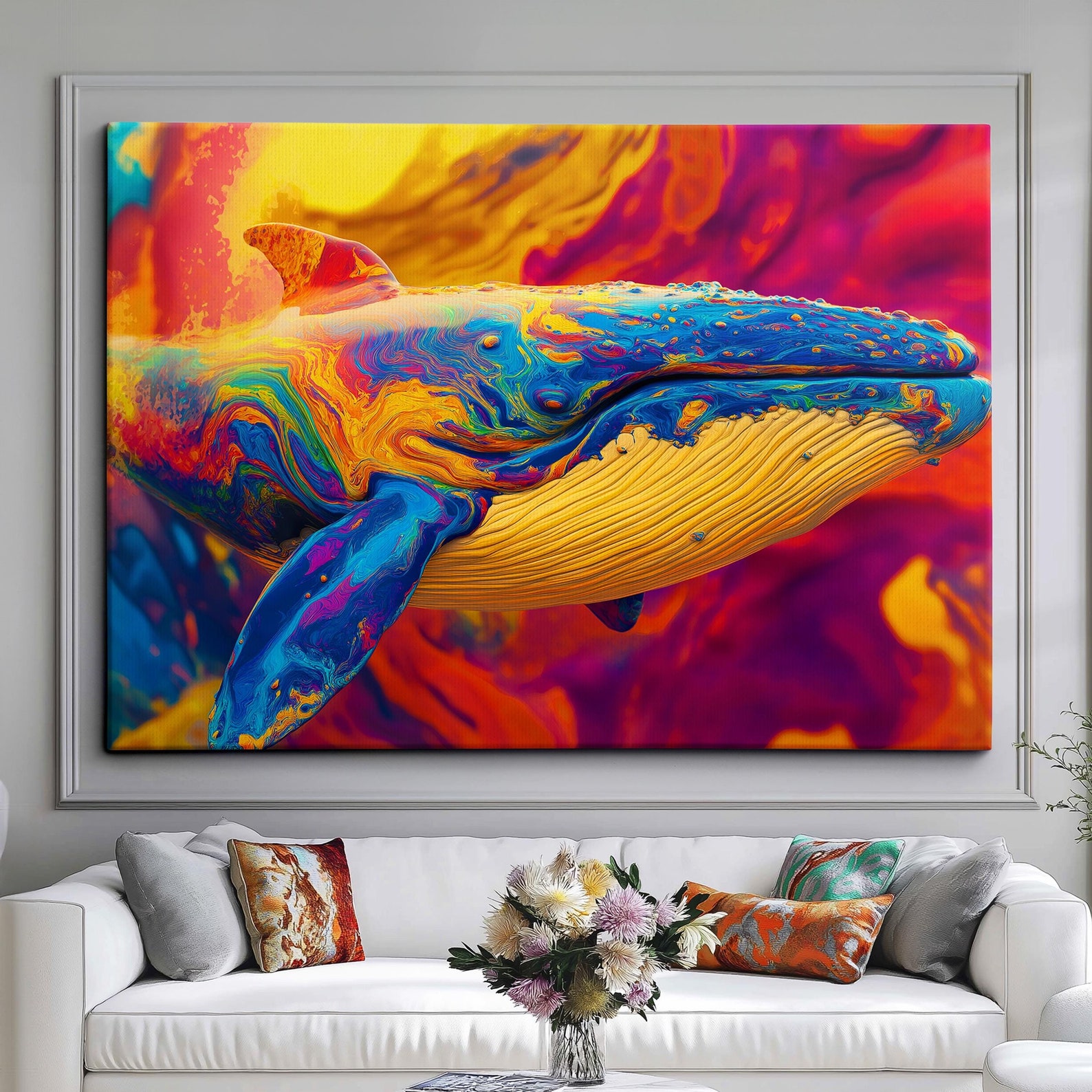 Vibrant Colorful Blue Whale Fish Ocean Sea Painting Framed Poster Print ...