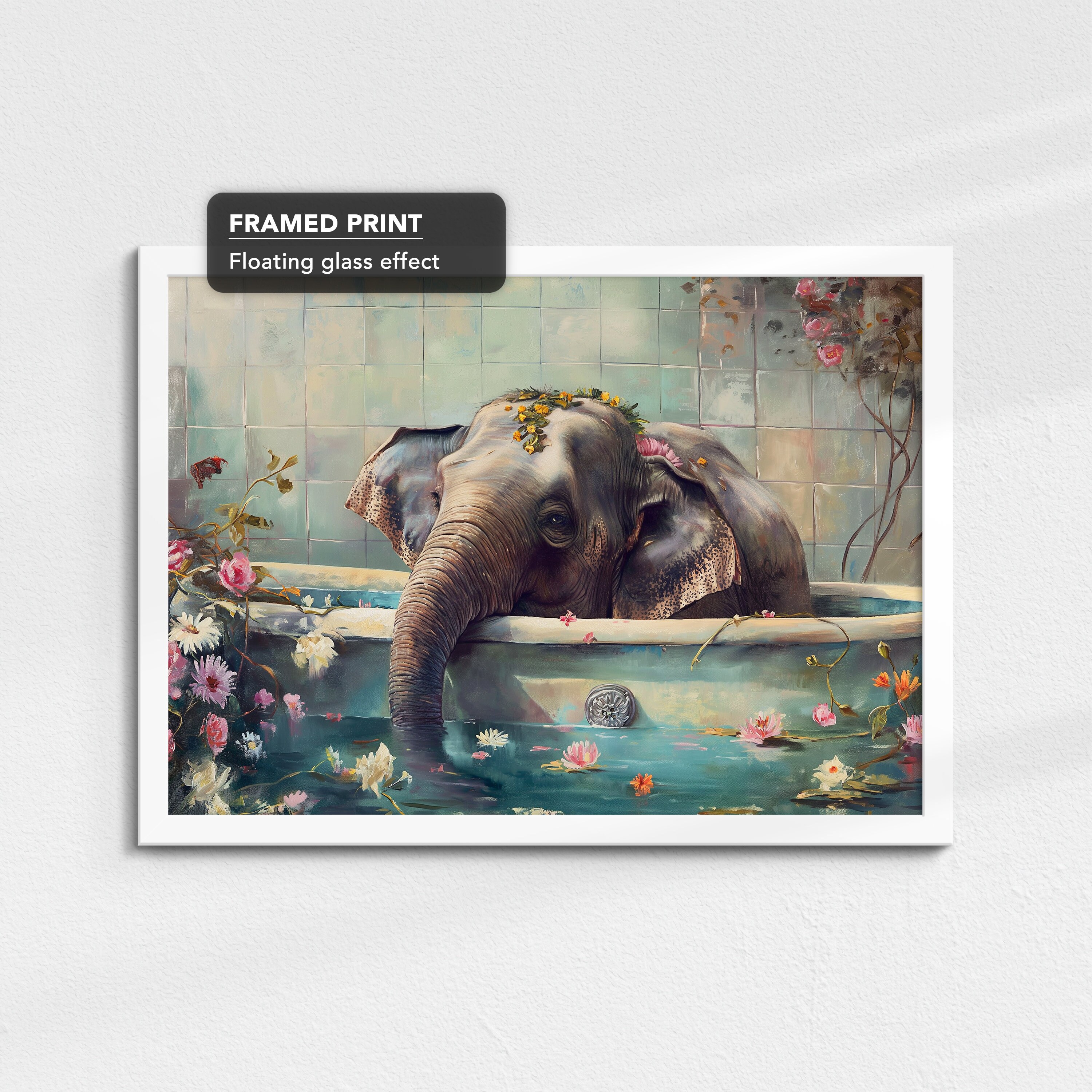Elephant Bath Tub Animal Bathroom Oil Painting Framed Poster Print or ...