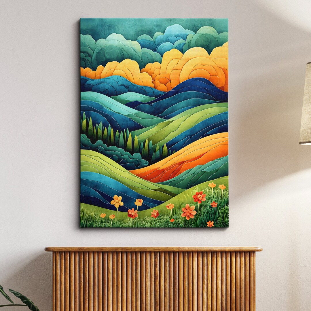 Layered Hills Abstract Paper Effect Oil Painting Framed Poster Print ...