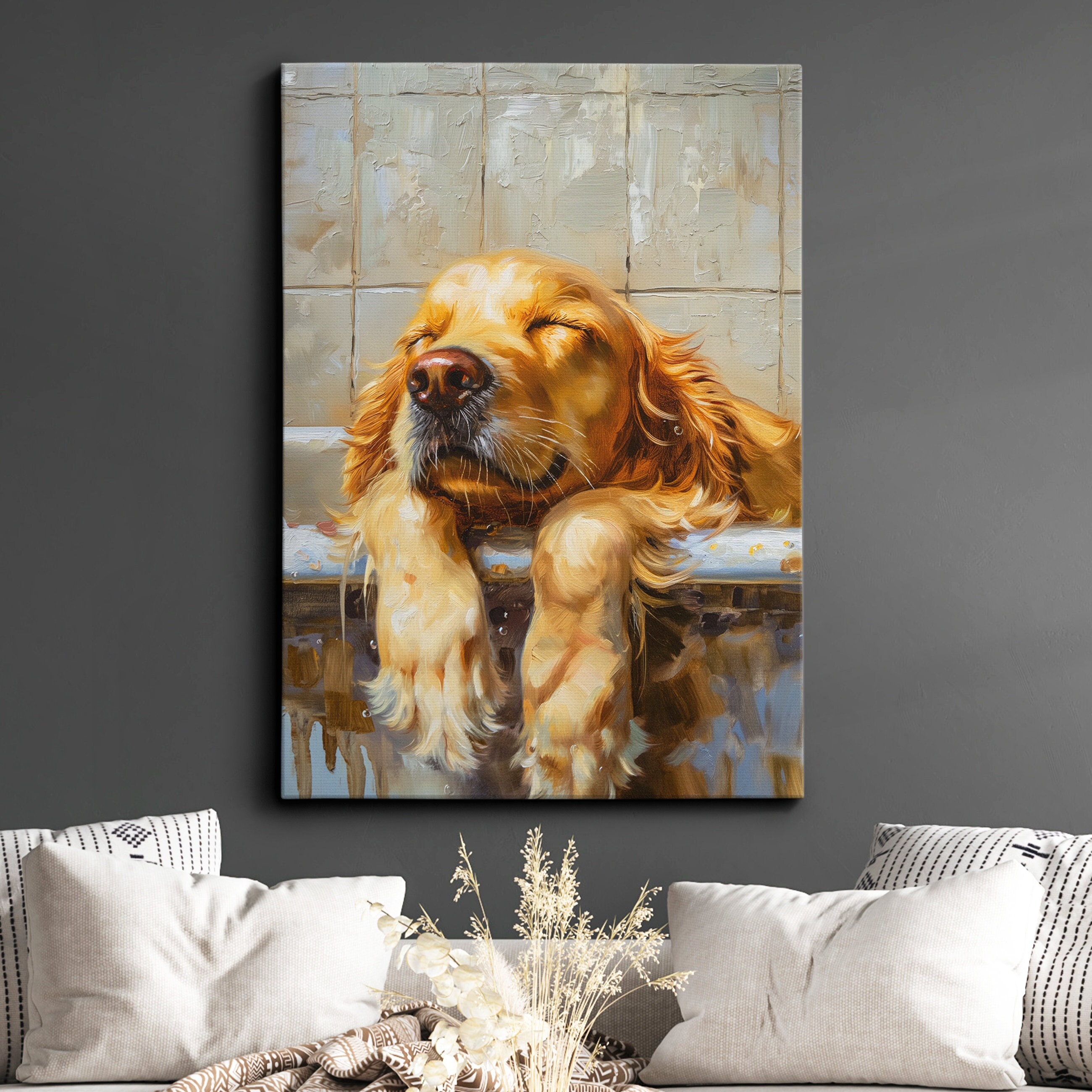 Golden Retriever Bathtub Dog Bathroom Painting Framed Poster Print or ...