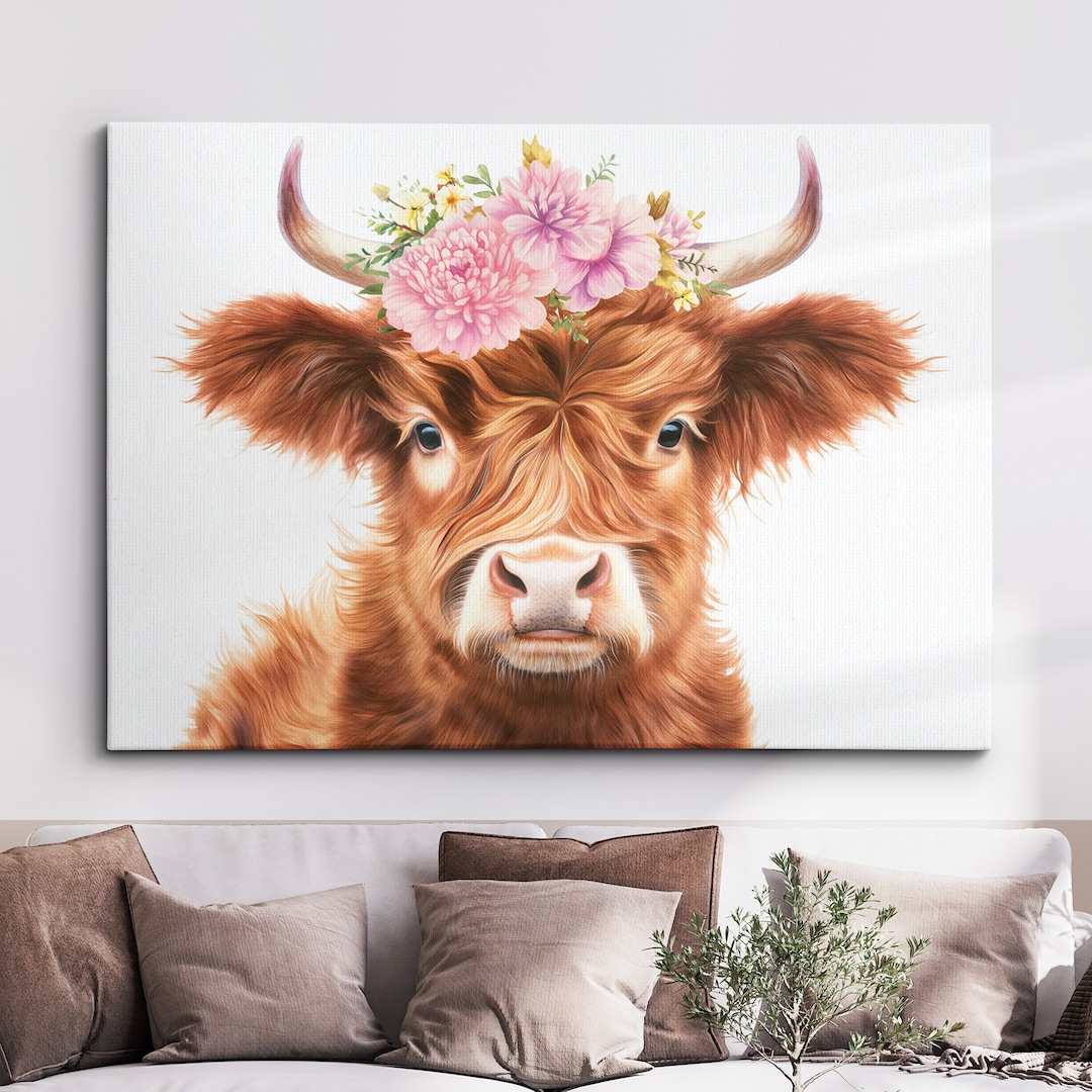 Highland Cow Animal With Flowers Cute Animal Fine Art Painting Framed ...