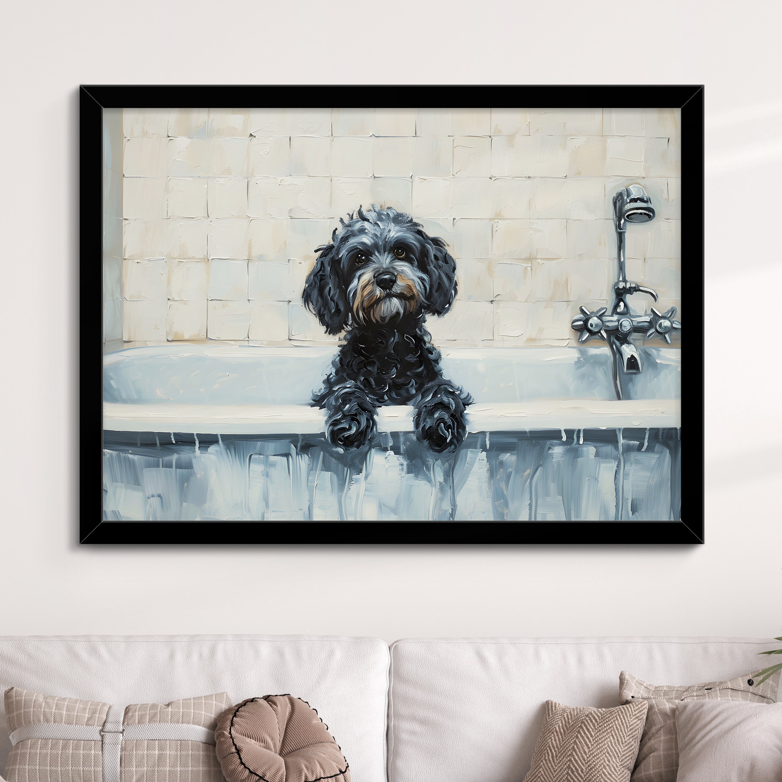 Cockapoo Bath Tub Dog Bathroom Oil Painting Framed Poster Print or ...