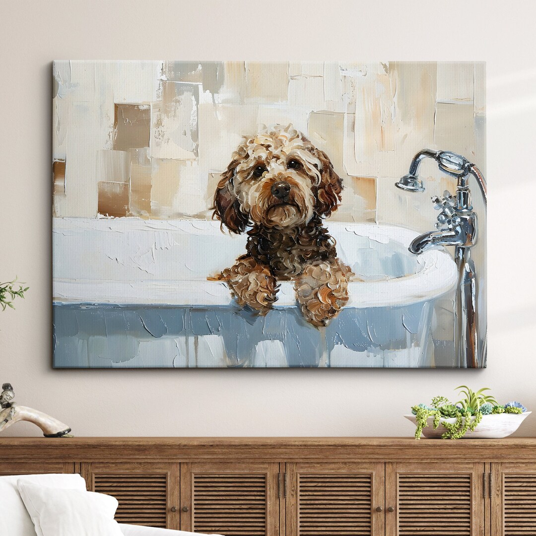 Cockapoo Bath Tub Dog Bathroom Oil Painting Framed Poster Print or ...