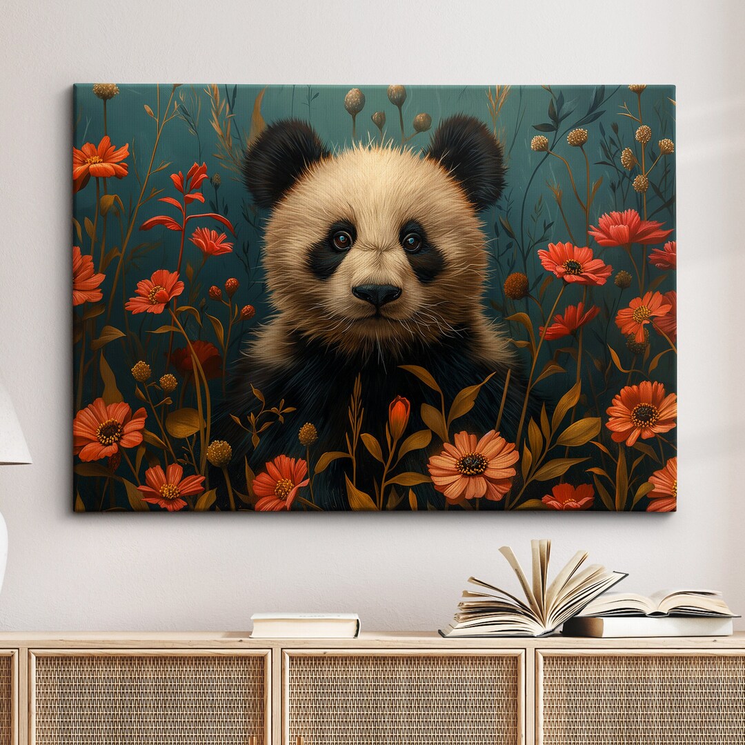 Panda Jungle Animal Flowers Floral Fine Art Painting Framed Poster ...
