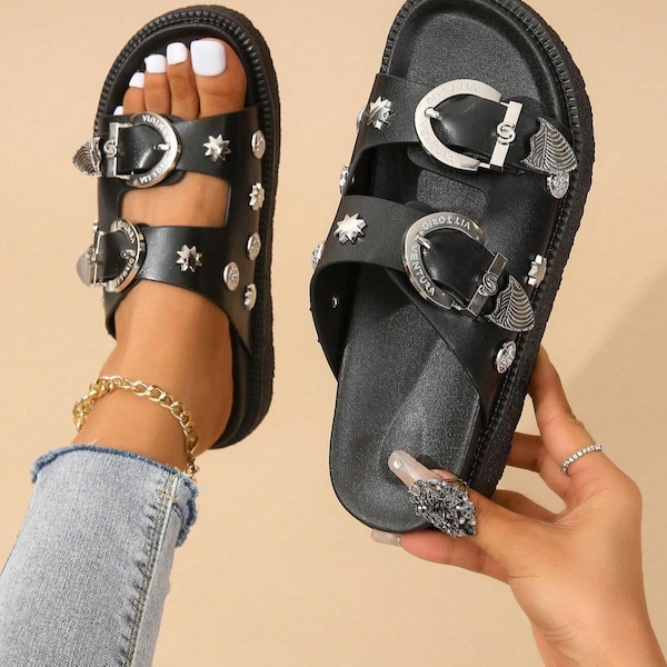 Summer Slippers | Sandals with a buckle | Comfortable Sandals | Decorated Slippers | Slippers for Women | Double Strap Sandals