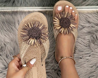 Linen Summer Slides | Summer Footwear | Decorated Slippers | Slippers for Women | Floral Flip-Flops | Flower decor slippers