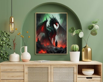 Fantasy Artwork Print - Dragon and Knight Red