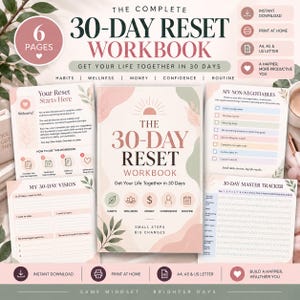 Puede incluir: Un cuaderno de ejercicios de 30 días de 6 páginas con una paleta de colores rosa suave y crema. La portada presenta el texto THE 30-DAY RESET WORKBOOK, GET YOUR LIFE TOGETHER IN 30 DAYS y SMALL STEPS BIG CHANGES, junto con iconos de hábitos, bienestar, dinero, confianza y rutina.