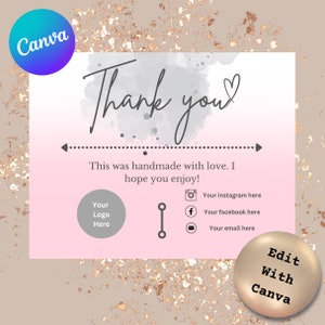 Editable con CANVA Plantilla de tarjeta de agradecimiento con inserto de bricolaje rosa y gris para pequeñas empresas