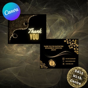 Editable con CANVA Plantilla de tarjeta de agradecimiento con inserción DIY en negro y dorado para pequeñas empresas