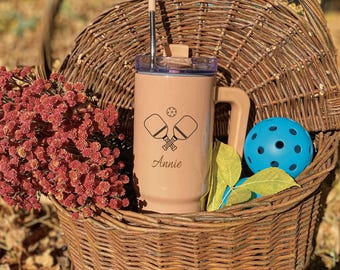 Personalized 30 oz Stanley Style Stainless Steel Pickleball Tumbler, Cute Custom Pickleball Water Bottle with Name, Pickleball Gift for Her