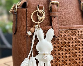 PU Leather White & Brown Bunny Pendant Purse Charm, Rabbit Lover Bag Charm Tassel Keychain, Personalized Backpack Bling, Girls Birthday Gift