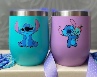 Custom Anime Stitch Lover Stainless Wine Tumbler with Lid, Kawaii Gift for Teen Birthday, Unique Fandom Coffee Cup, Girls Easter Basket Gift