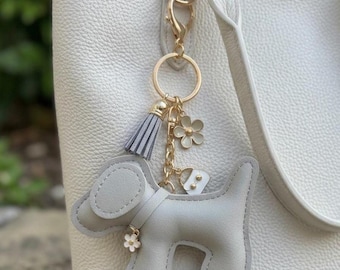 Personalized Gray Faux Leather Dog Purse Charm, PU Leather Puppy Bag Pendant, Handmade Dog Lover Backpack Bling, Cute Girl Birthday Gift