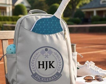 Personalized Gray Nylon Pickleball Bag and Teal Paddle, Custom Racquet Backpack, Retirement Gift,  Monogramed Sports Racket Tote