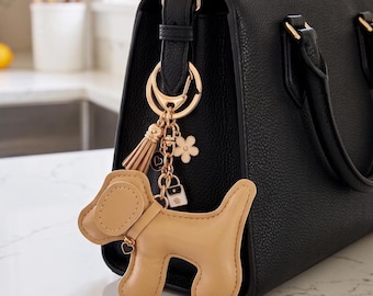 Custom PU Leather Beige Dog Charm, Vegan Leather Puppy Bag Pendant, Handmade Dog Lover Purse Accessory, Girls Birthday, Graduation Gift