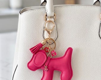 Personalized Faux Leather Hot Pink Dog Purse Charm, PU Leather Puppy Bag Pendant, Handmade Dog Lover Backpack Bling, Cute Girl Birthday Gift