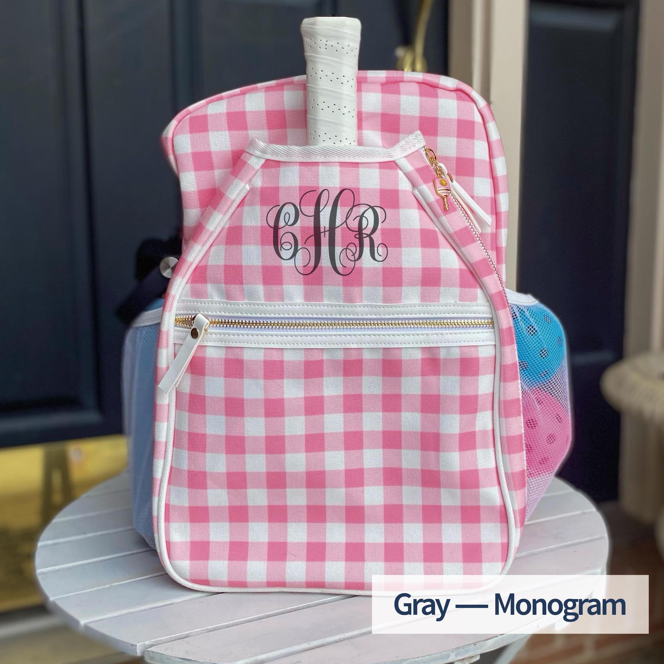 Cute Canvas Coquette Gingham Pickleball Bag & Monogram, Preppy Pink Plaid Pickleball Paddle Bag with Name, Personalized Mini Racket Backpack