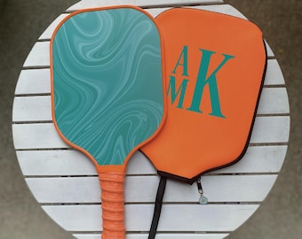 Teal and Orange Pickleball Paddle with Personalized Cover, Pickleball Paddle and Custom Case, Pickleball Paddle with Custom Cover Sleeve Set