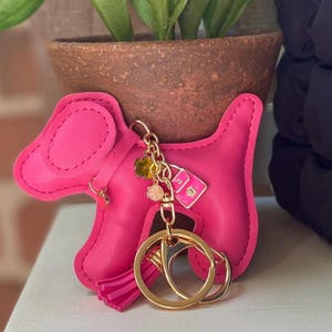Personalized Faux Leather Hot Pink Dog Purse Charm, PU Leather Puppy Bag Pendant, Handmade Dog Lover Backpack Bling, Cute Girl Birthday Gift