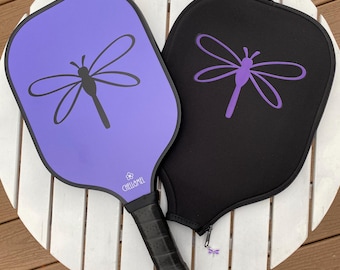 Cute Dragonfly Lovers Pickleball Paddle with Personalized Cover, Perfect Custom Pickleball Gift, Purple Pickleball Racket and Case with Name