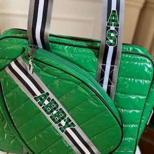 Personalized Green Puffer Pickleball Paddle Bag with Plaid Initials, Custom Pickleball Racquet Tote with Name, Pickleball Racket Duffel Bag