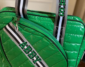 Personalized Green Puffer Pickleball Paddle Bag with Plaid Initials, Custom Pickleball Racquet Tote with Name, Pickleball Racket Duffel Bag
