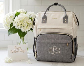 Personalized Top-Loading Laptop Backpack, Gray Travel Carry-On Bag, Nurse Medical Tote, Monogram or Initials Backpack, Mother's Day Gift