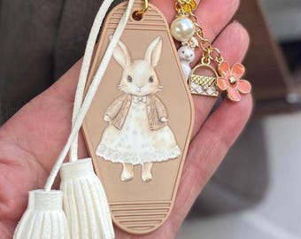 Cute Coquette Bunny Pendant Purse Charm, Rabbit Lover Luxury Bag Charm, Vintage Motel Tassel Keychain, Backpack Bling, Girls Birthday Gift