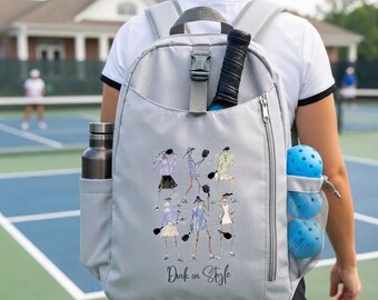 Boutique Style Sports Racket Tote, Custom Coquette Gray Nylon Pickleball Bag, Dink in Style Racquet Backpack, Ladies Retirement Gift