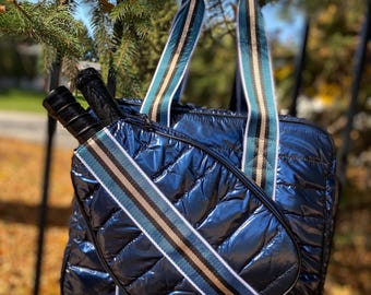 Custom Ladies Navy Puffer Pickleball Paddle Bag, Pickleball Racquet Cover Tote, Pickleball Racket Duffel, Custom Pickleball Gift for Mom
