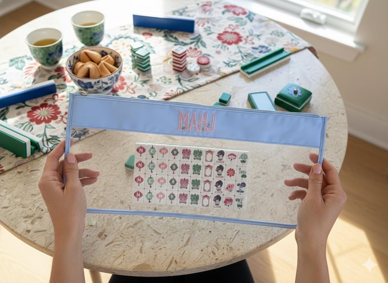 Premium Custom Mahjong Tile Shaker Storage Bag, Light Blue Clear Tile Container, Personalized Mahj Tile Shaker, image 1