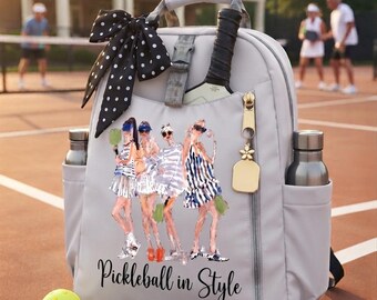 Custom Coquette Gray Nylon Pickleball Bag, Pickleball in Style Racquet Backpack, Ladies Retirement Gift, Boutique Style  Sports Racket Tote