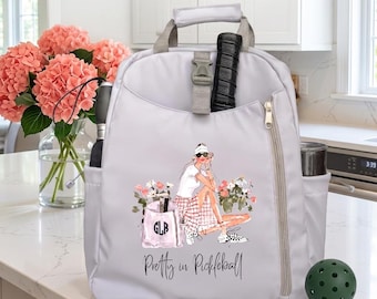 Custom Coquette Gray Nylon Pickleball Bag with Pink Scarf, Personalized Racquet Backpack, Retirement Gift,  Monogramed Sports Racket Tote