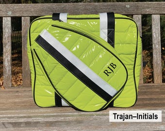 Personalized Lime Green Pickleball Paddle Bag, Large Sports Puffer Tote, Racquet Cover, Pickleball Racket Bag, Pickleball Gift for Mother