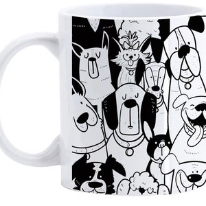 May include: White ceramic mug with a black and white illustration of a group of dogs. The dogs are all different breeds and have different expressions on their faces.