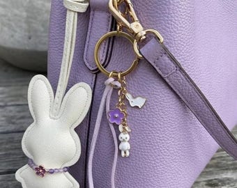 PU Leather White & Purple Bunny Pendant Purse Charm, Rabbit Lover Bag Charm Tassle Keychain, Personalized Backpack Bling,Girls Birthday Gift