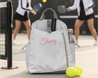 Monogramed Gray Nylon Platform Tennis Paddel Bag, Personalized Paddle Tennis Backpack, Custom Spacious Sports Racket Tote, Pickleball Bag