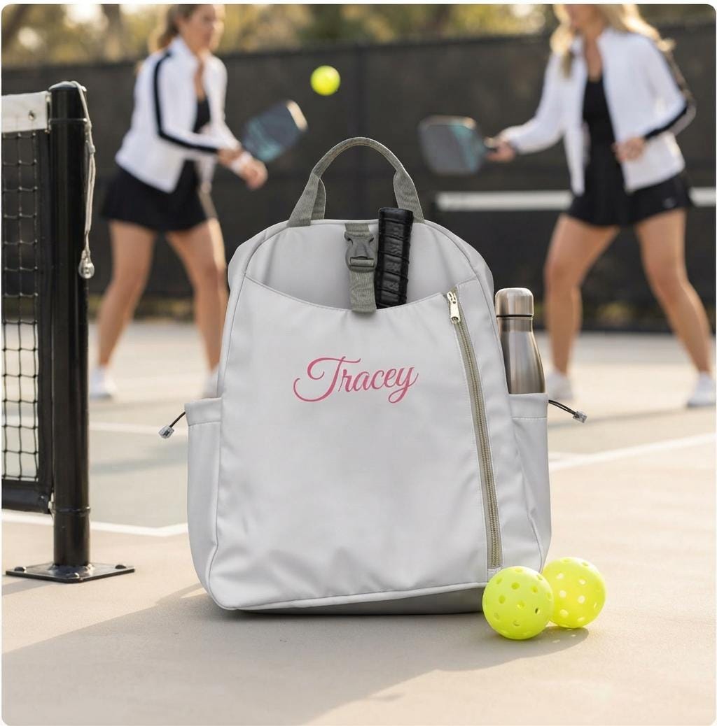 Monogramed Gray Nylon Platform Tennis Paddel Bag, Personalized Paddle Tennis Backpack, Custom Spacious Sports Racket Tote, Pickleball Bag