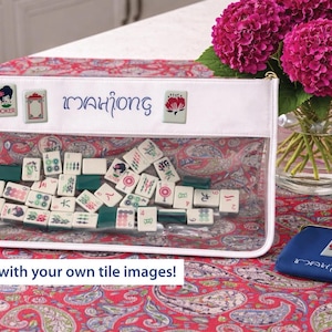 Premium Personalized Mahjong Tile Shaker Storage Bag, White Clear Tile Holder with FREE Coin Purse, Custom Mahj Case Featuring Your Tiles
