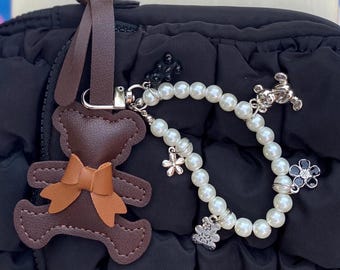 Custom PU Leather Dark Brown Bear Bag Charm, Handmade Faux Leather Teddy Bear Bag Pendant &   Hanging Pearls Purse Charm,Cute Backpack Bling