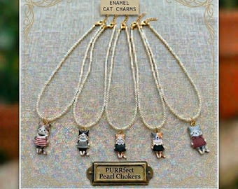 Dainty Faux Pearl Necklace with Kitty Charm, Cute Choker & Kitten Pendant, Coquette Gift for Cat Lover Owner, Flower Girl or Teen  Present
